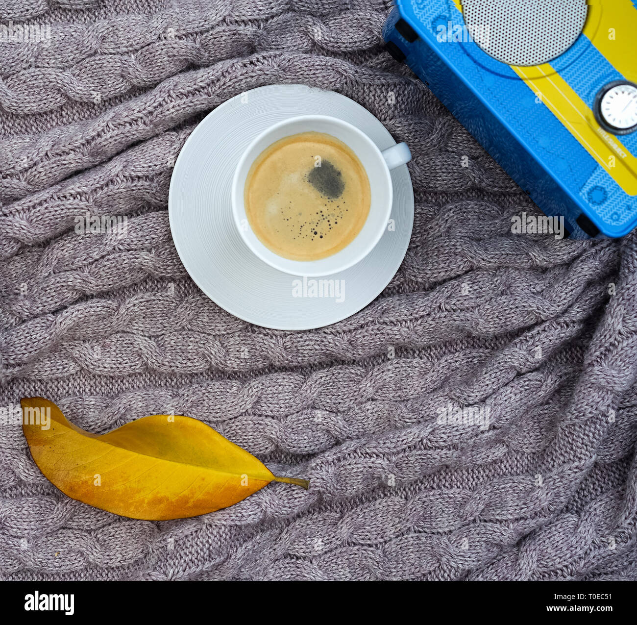 White tazza di caffè e giallo blu ricevitore radio e caduti yellow leaf sulla calda lana rosa grigio plaid. Tessile lavorato a maglia con una treccia pattern. Autunno Inverno concetto di comfort e relax. Foto Stock