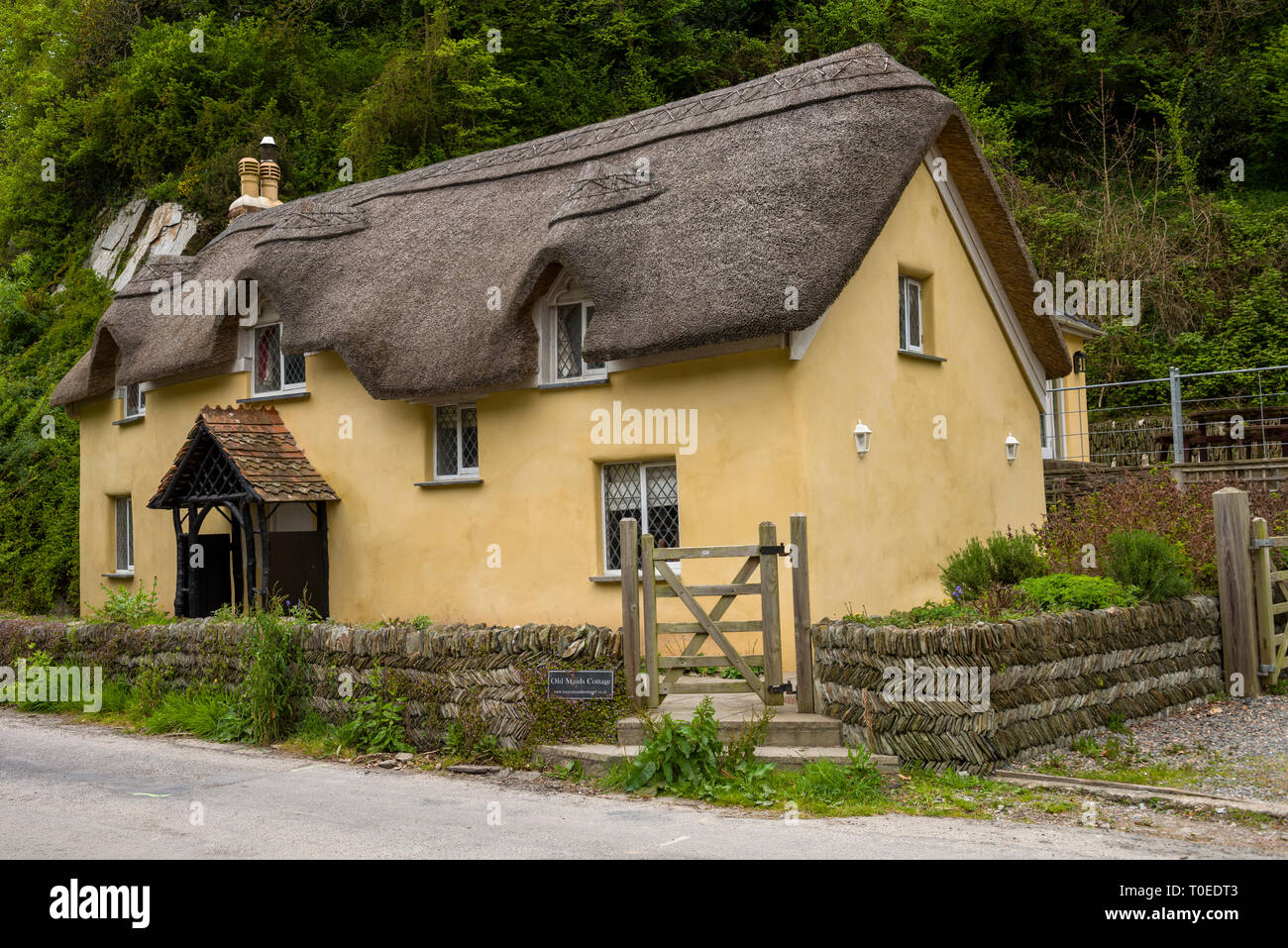 Il vecchio paglia cameriere Cottage a Lee Bay in North Devon, in Inghilterra. Foto Stock