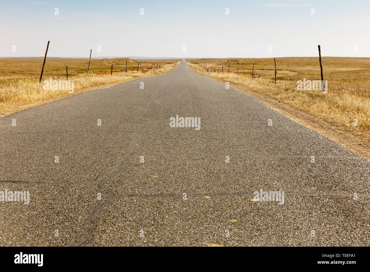 Strada asfaltata nella steppa con generatori di vento all'orizzonte, Mongolia Interna, Cina Foto Stock