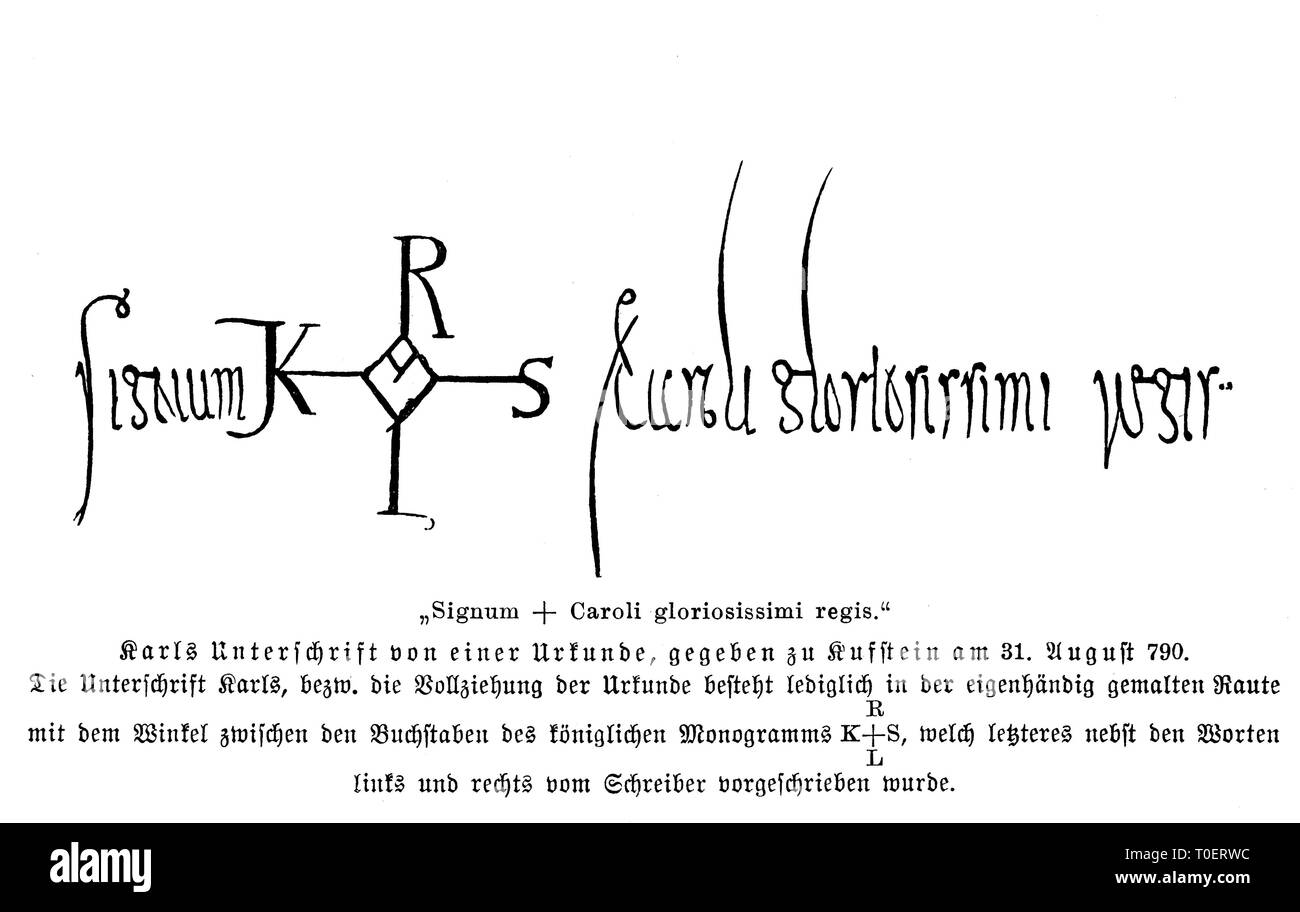 Signum di Carl il grande da un documento dell'anno 790 / Unterschrift von Karl Der Große auf einer Urkunde aus dem Jahre 790 Foto Stock