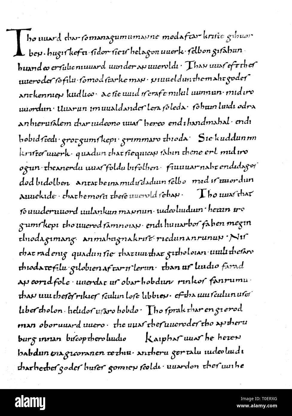 Una pagina dal Heliand, un poema epico in Antico Sassone, scritto nella prima metà del IX secolo / Eine Seite der Münchner Pergamenthandschrift des Heliand, 9. Jahrhundert Foto Stock