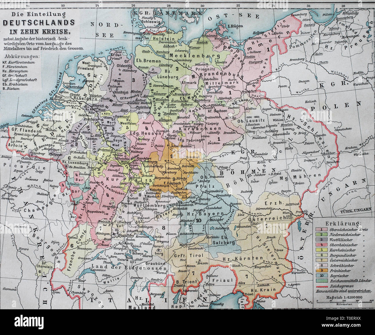 Mappa storico di dividere la Germania in dieci distretti nel XVI secolo, Circolo Imperiale / Historische Landkarte, die Einteilung Deutschland in zehn Im Kreise 16. Jahrhundert, Reichskreise Foto Stock