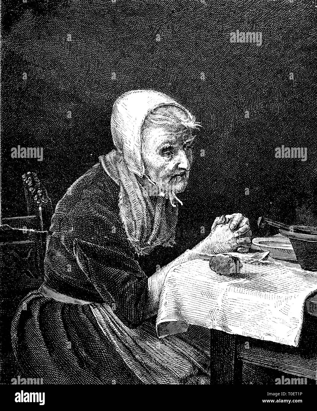 Frugale, vecchia donna con un tempo di ricambio a tavola la preghiera / Genügsame, alte Frau Mit einem kargen Mahl beim Tischgebet Foto Stock