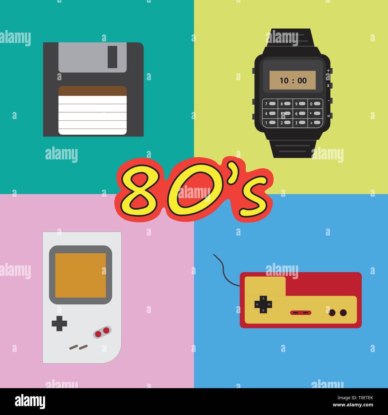 Retro vintage 80s oggetti set game orologi e computer un disco floppy Illustrazione Vettoriale