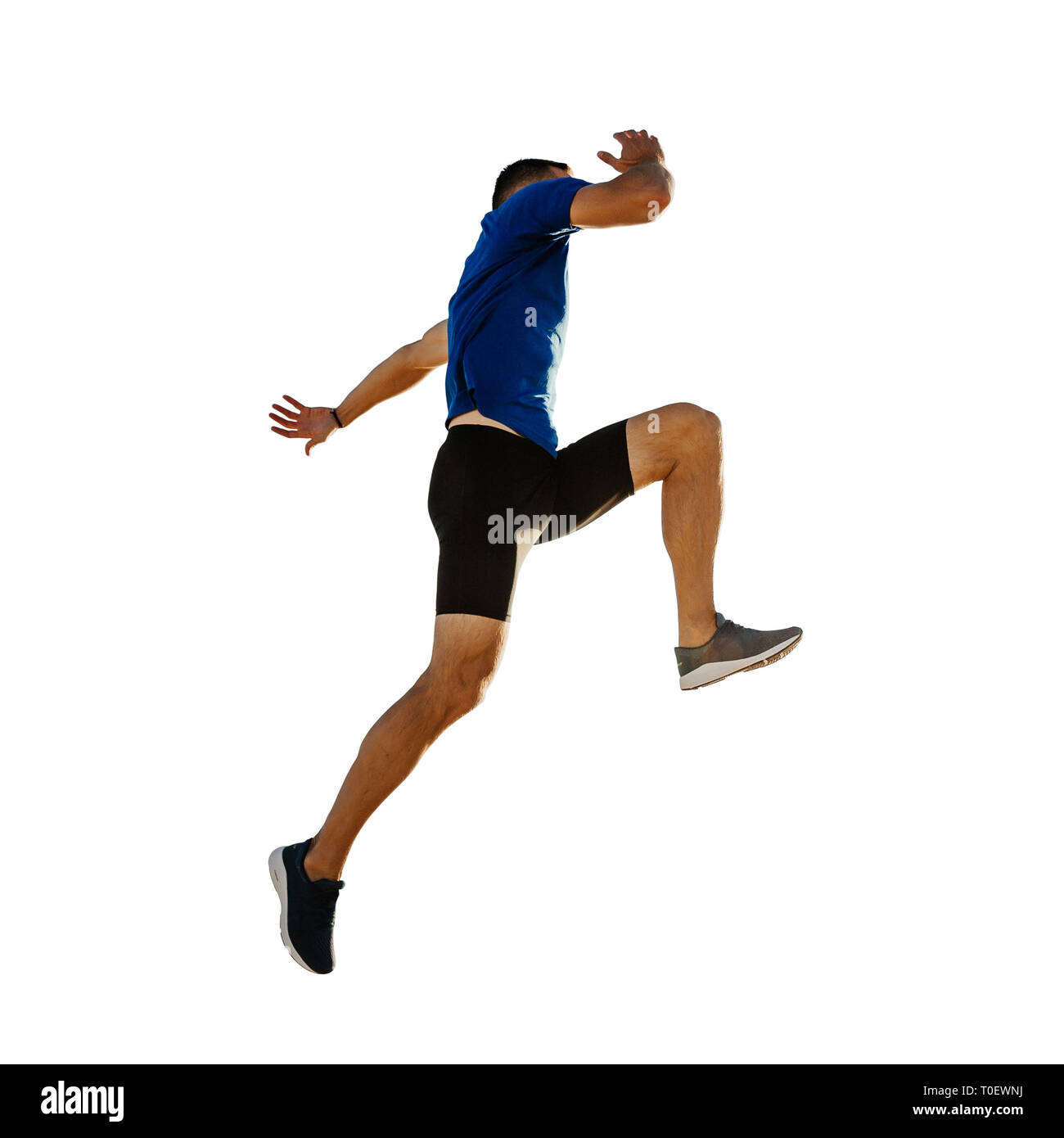 Atleta maschio jump up isolati su sfondo bianco Foto Stock