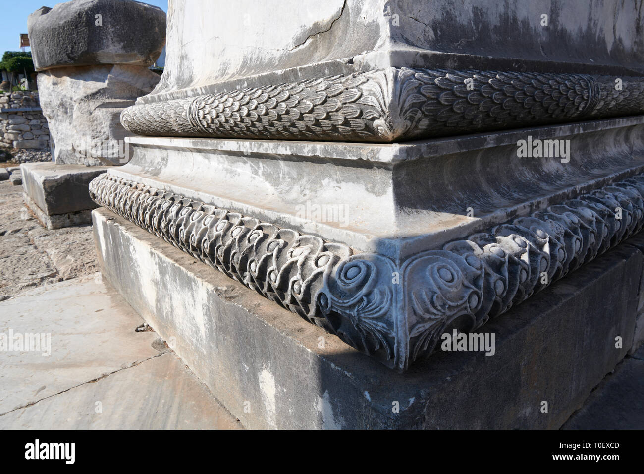 Immagine di un rilievo architettonico dettaglio dalle rovine dell'antica Grecia Ionica Didyma Tempio di Apollo e home per l'oracolo di Apollo. Anche kn Foto Stock