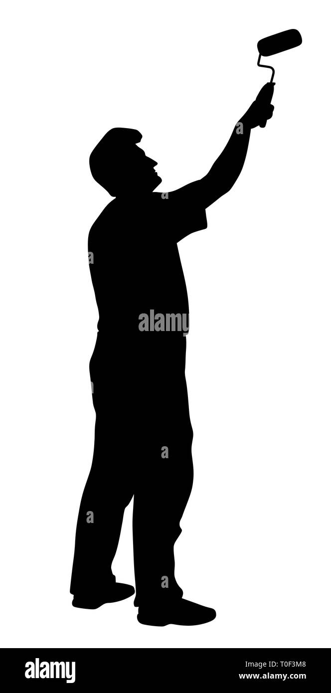 Pittore pittura a parete o soffitto con rullo di vernice Foto Stock