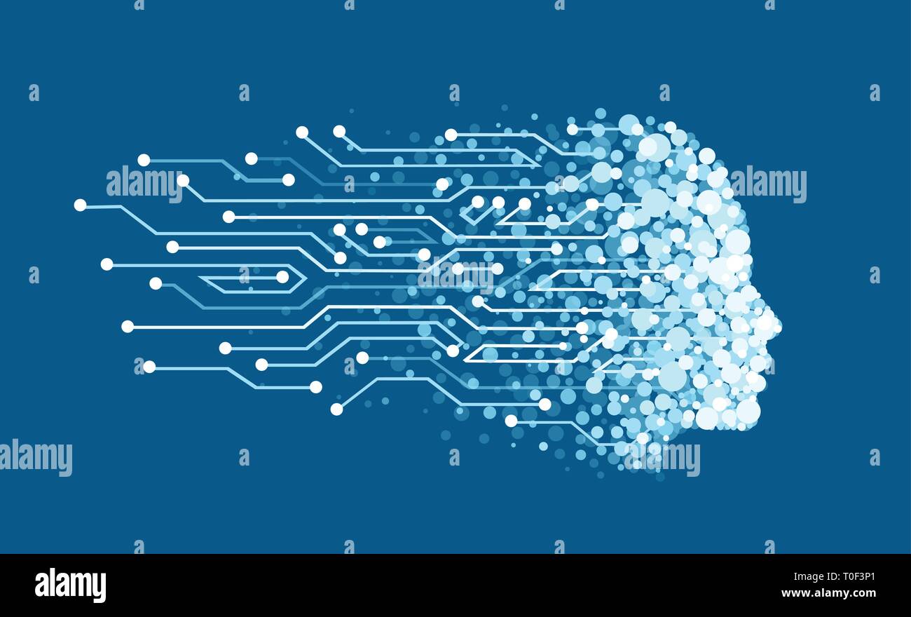 Vettore di una faccia fatta di particelle digitali come simbolo di intelligenza artificiale e di apprendimento della macchina. Abstract testa umana delineare con scheda di circuito. Illustrazione Vettoriale