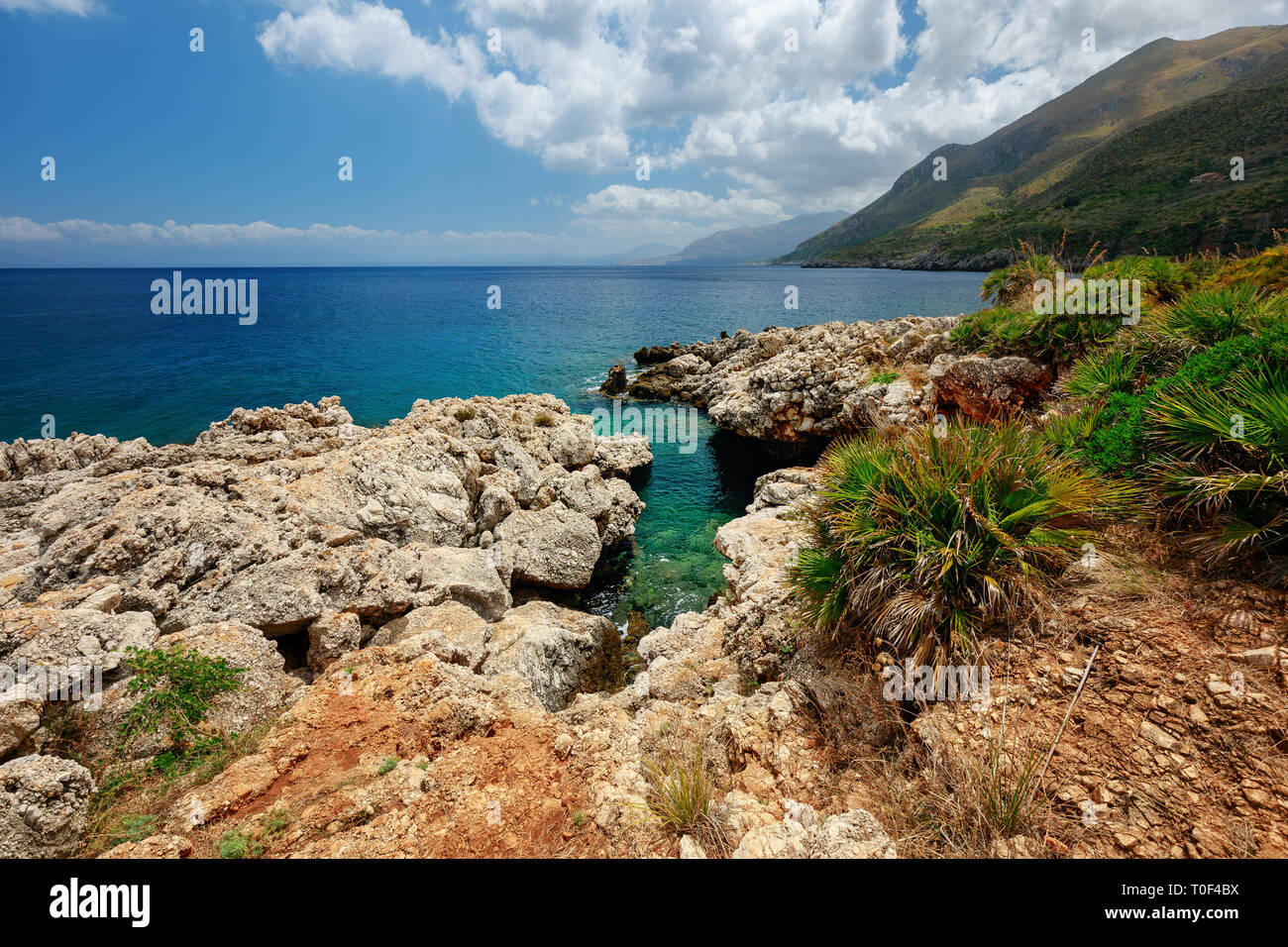 Mare Natura Park con il litorale di scogliere, piante rare, musei, aree picnic e sentieri verso il mare. La Riserva dello Zingaro in Sicilia Foto Stock