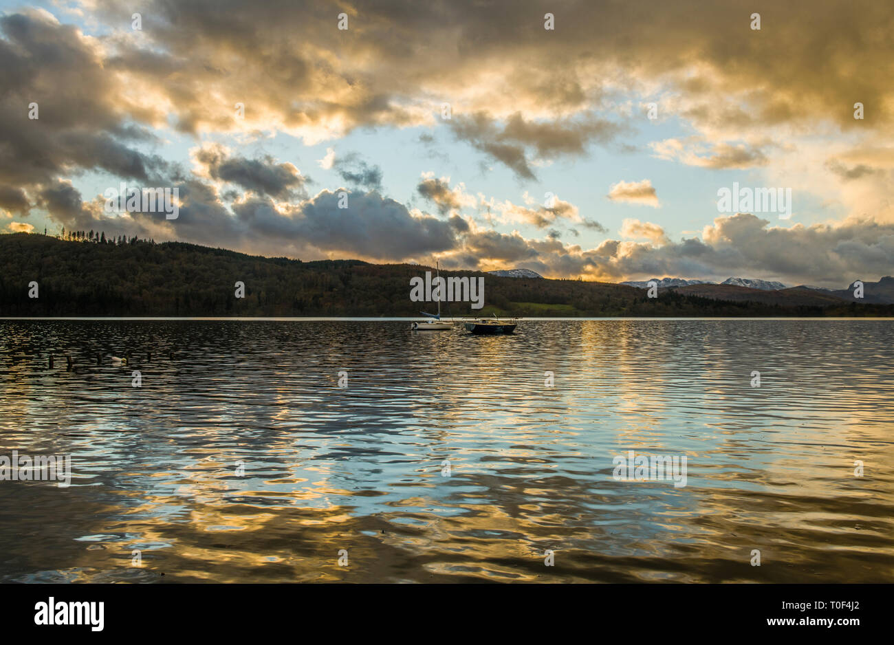 Guardando attraverso il lago Windermere da Miller Massa nel Parco Nazionale del Distretto dei Laghi, Cumbria. Le riflessioni da le nuvole sono belle Foto Stock