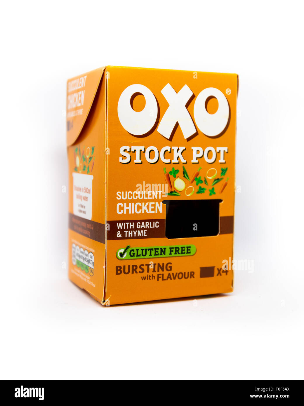 Orange Oxo pentola box di succulento pollo isolato su un fondo bianco Foto Stock