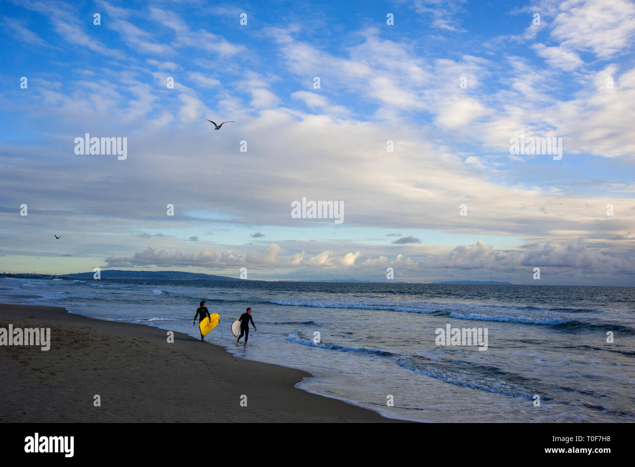 Surfisti sulla spiaggia di Santa Monica con la Palos Verdes peninsula in background Foto Stock