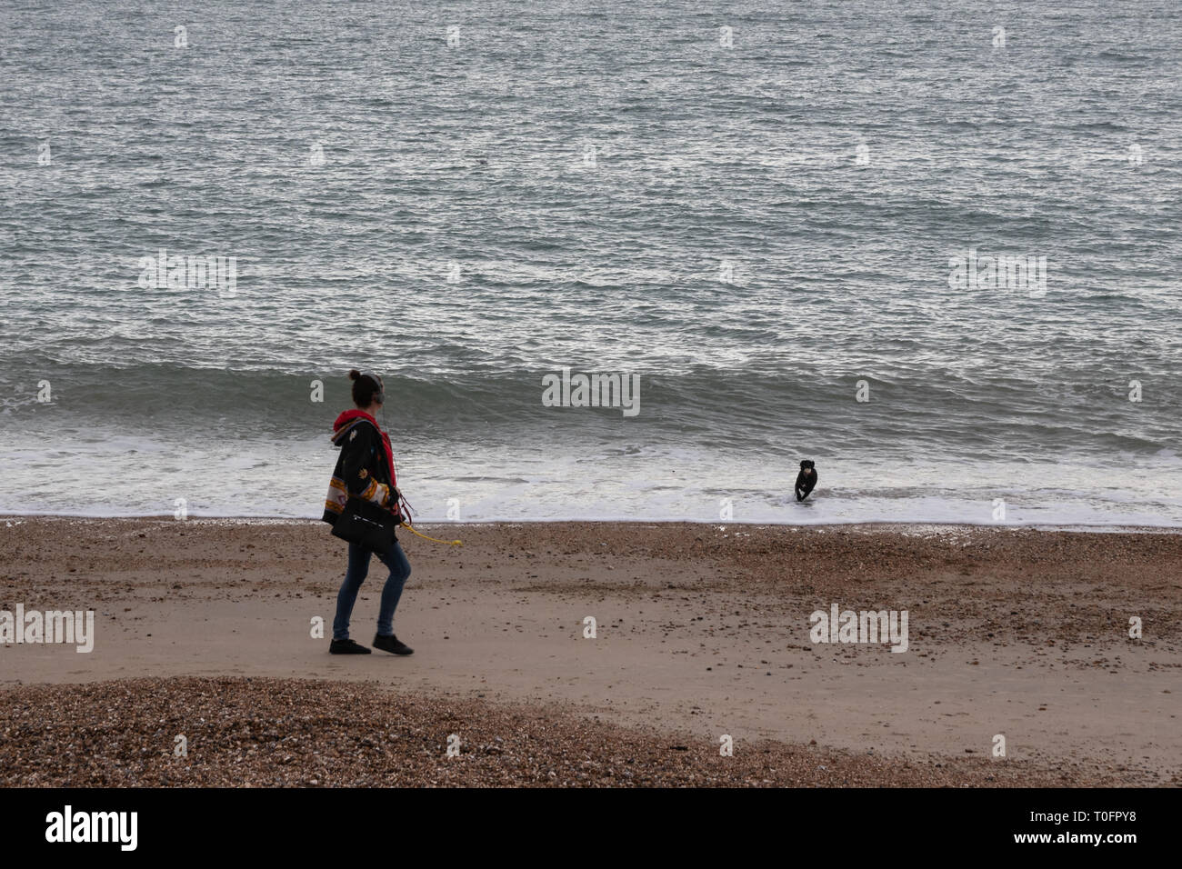 Giovane donna nel suo 30's a piedi il suo cane su una spiaggia britannico Foto Stock