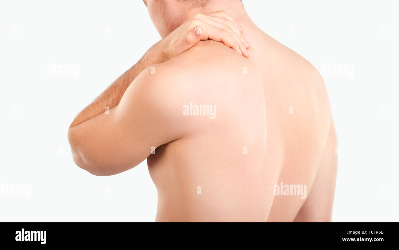 Il dolore al collo di un uomo. Foto Stock