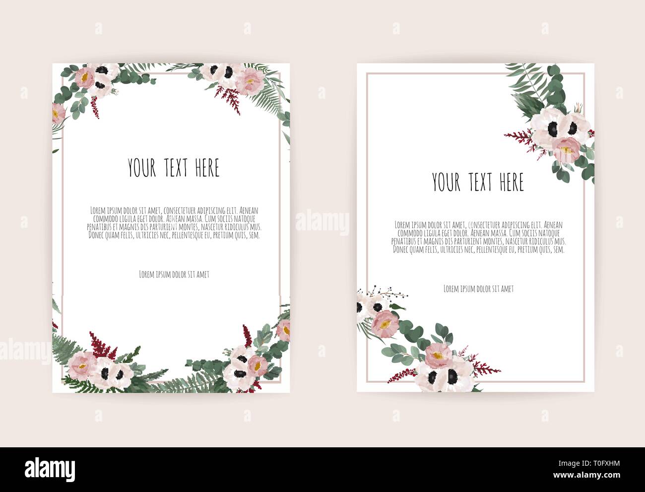 Vettore design floreale card. Saluto, cartolina matrimonio modello di invito. Elegante cornice con rose e anemone Illustrazione Vettoriale