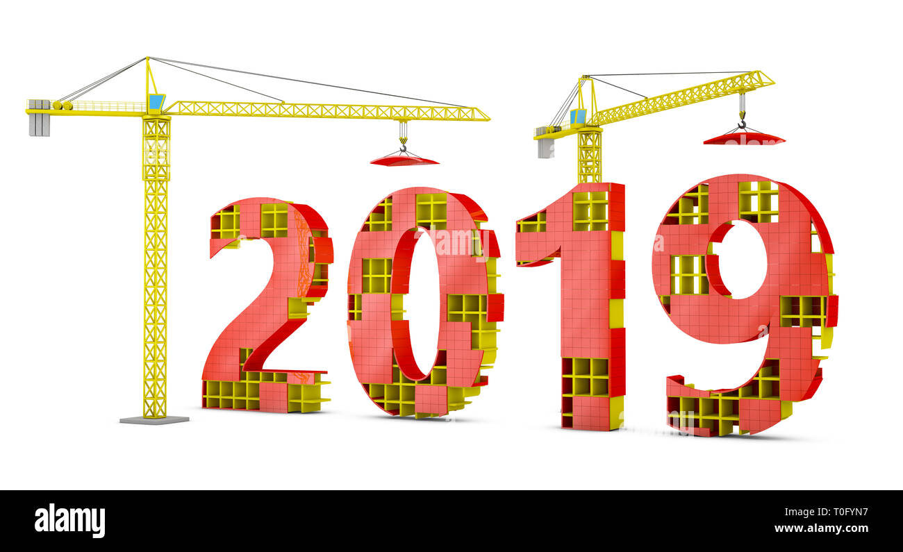 Due gru a torre la costruzione di una figura volumetrica del 2019. 3D render. Foto Stock