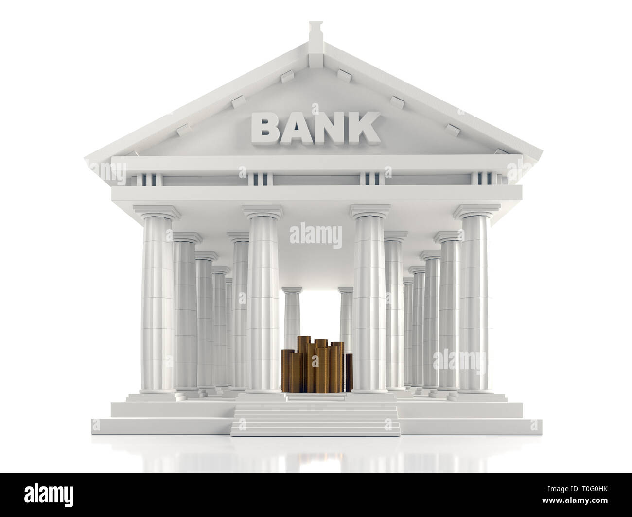 3D render di banca classico edificio colonnare con pile di monete d'oro all'interno su bianco Foto Stock