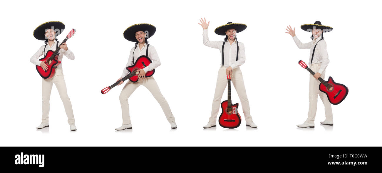 Mexican chitarrista isolato su bianco Foto Stock