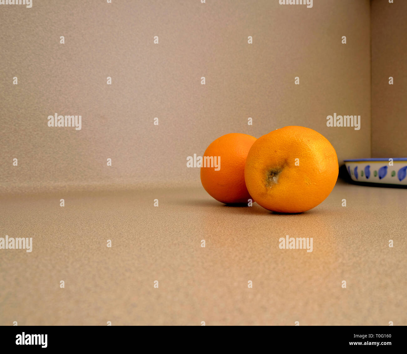 Due arance su un bancone cucina top; una putrefazione arancione; uno arance mature; concetto per il passaggio del tempo o differenza di età. Foto Stock