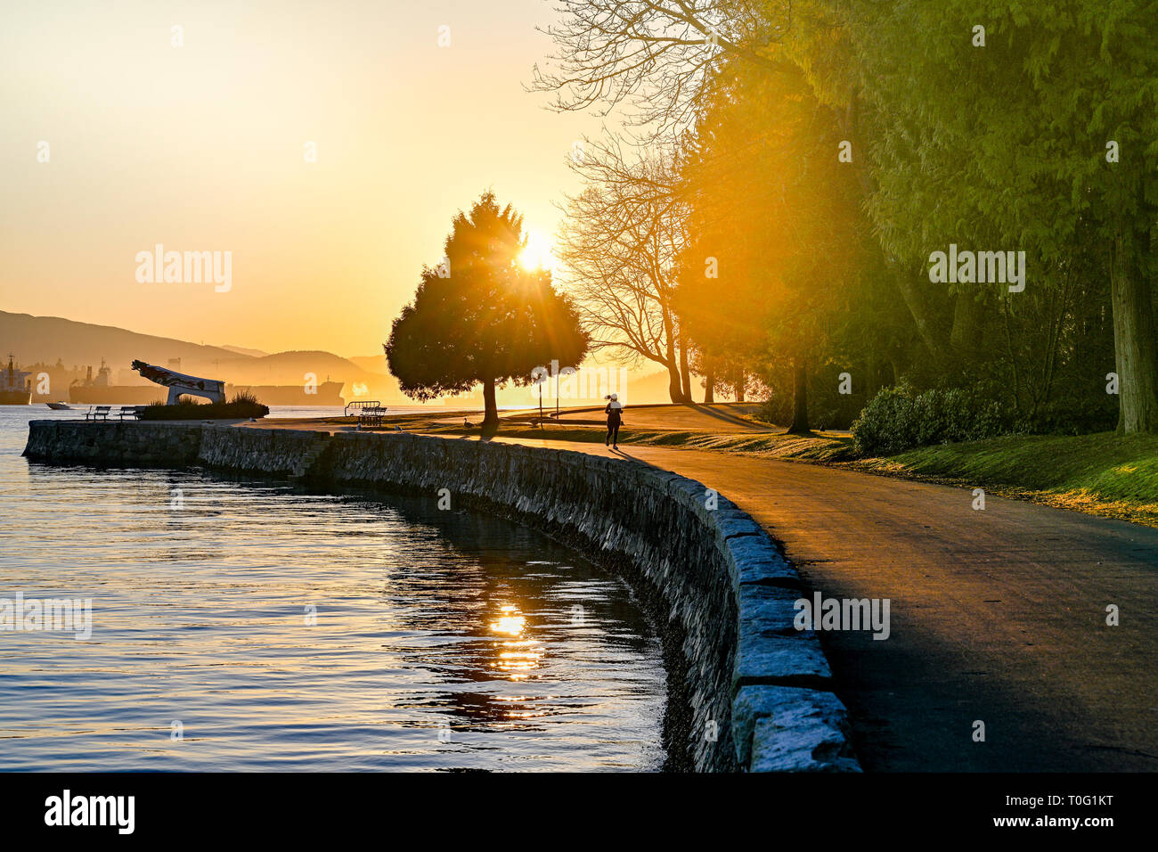 Pareggiatore, sunrise, seawall, Stanley Park, Vancouver, British Columbia, Canada. Foto Stock