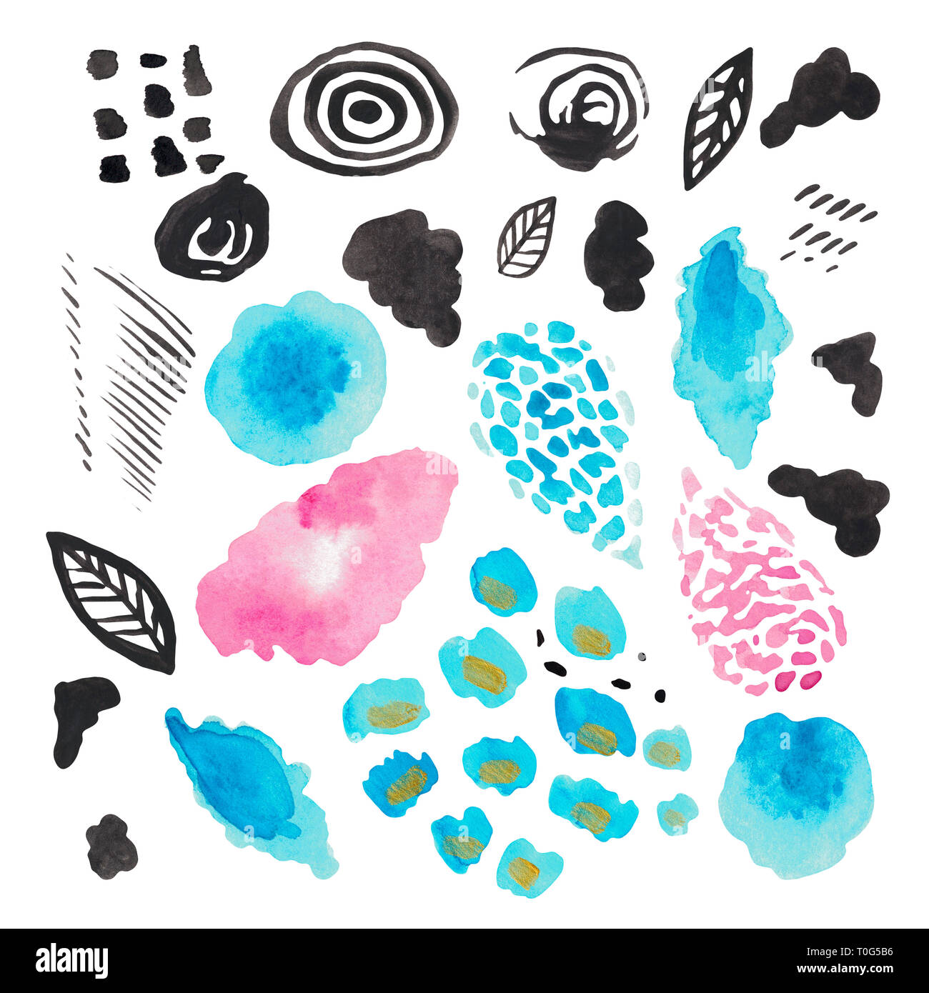 Acquerello illustrazione astratta decorativo di macchie bianche su sfondo isolato. Texture moderna rosa blu nero strisce di sbavature Foto Stock