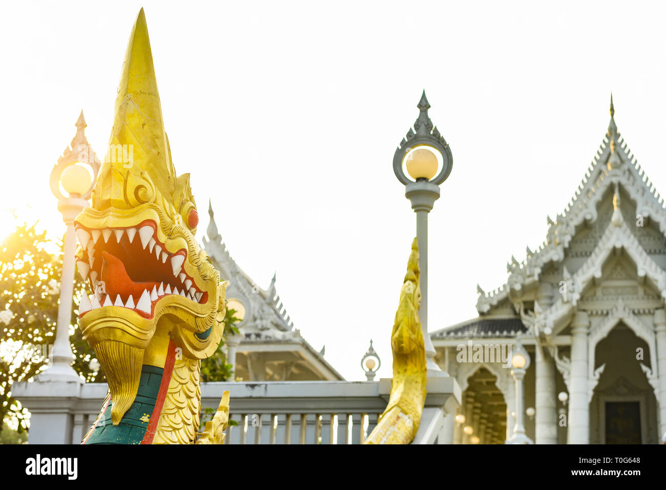 Vista ravvicinata di una splendida gold-coperta Naga (esseri di serpente) di fronte al Wat Kaew Ko Wararam o semplicemente Wat Kaew durante il tramonto. Foto Stock