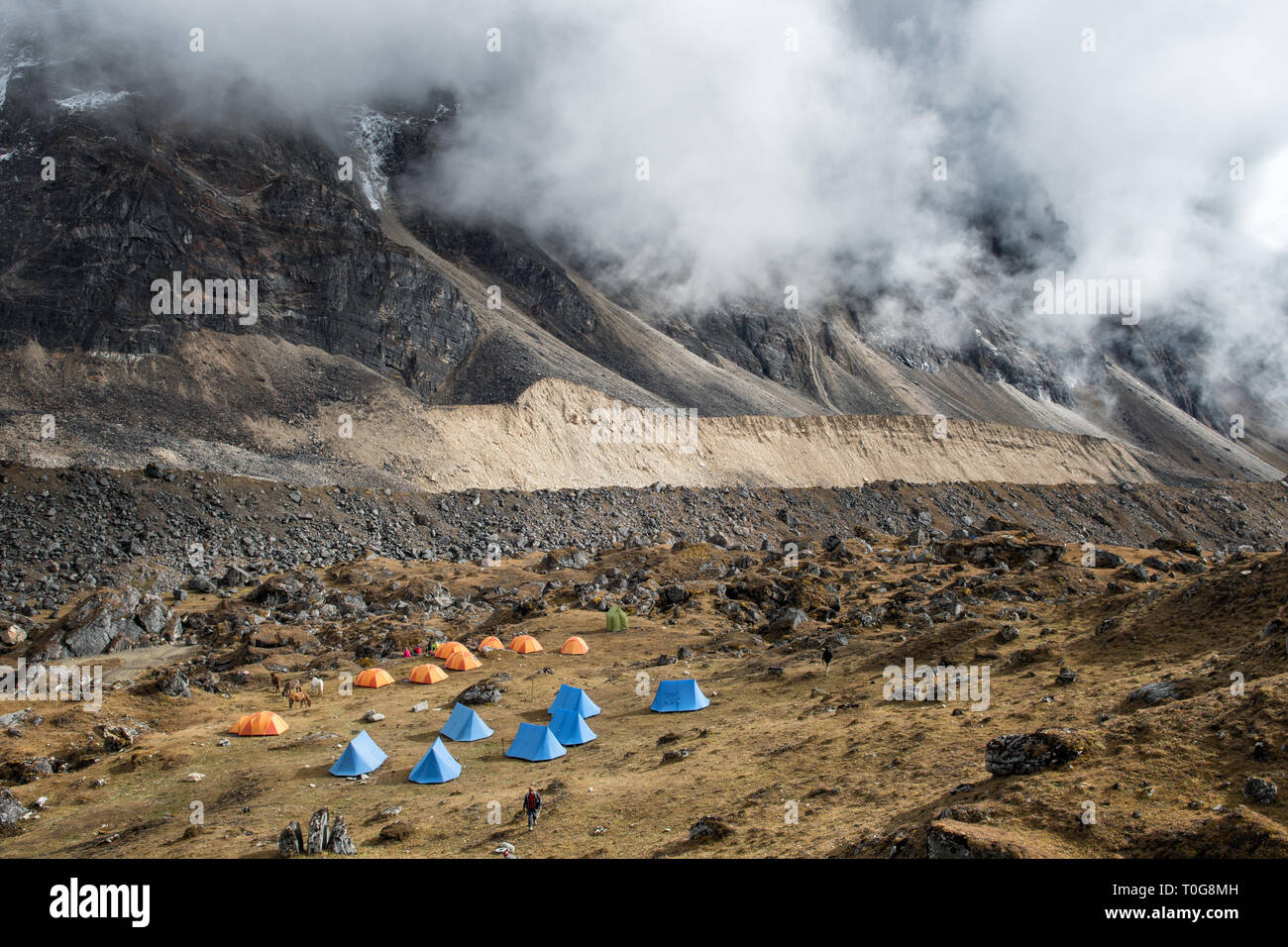Tende a Narethang camp e nuvole, Gasa distretto, Snowman Trek, Bhutan Foto Stock