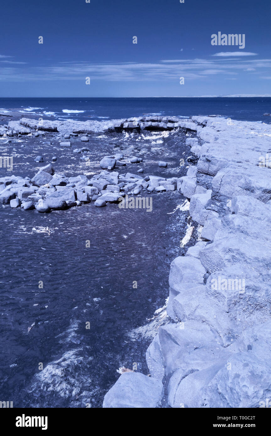 Immagini a infrarossi del esposto strati di roccia lungo la foreshore sul Canale di Bristol costa a Kilve nel Somerset REGNO UNITO a bassa marea Foto Stock