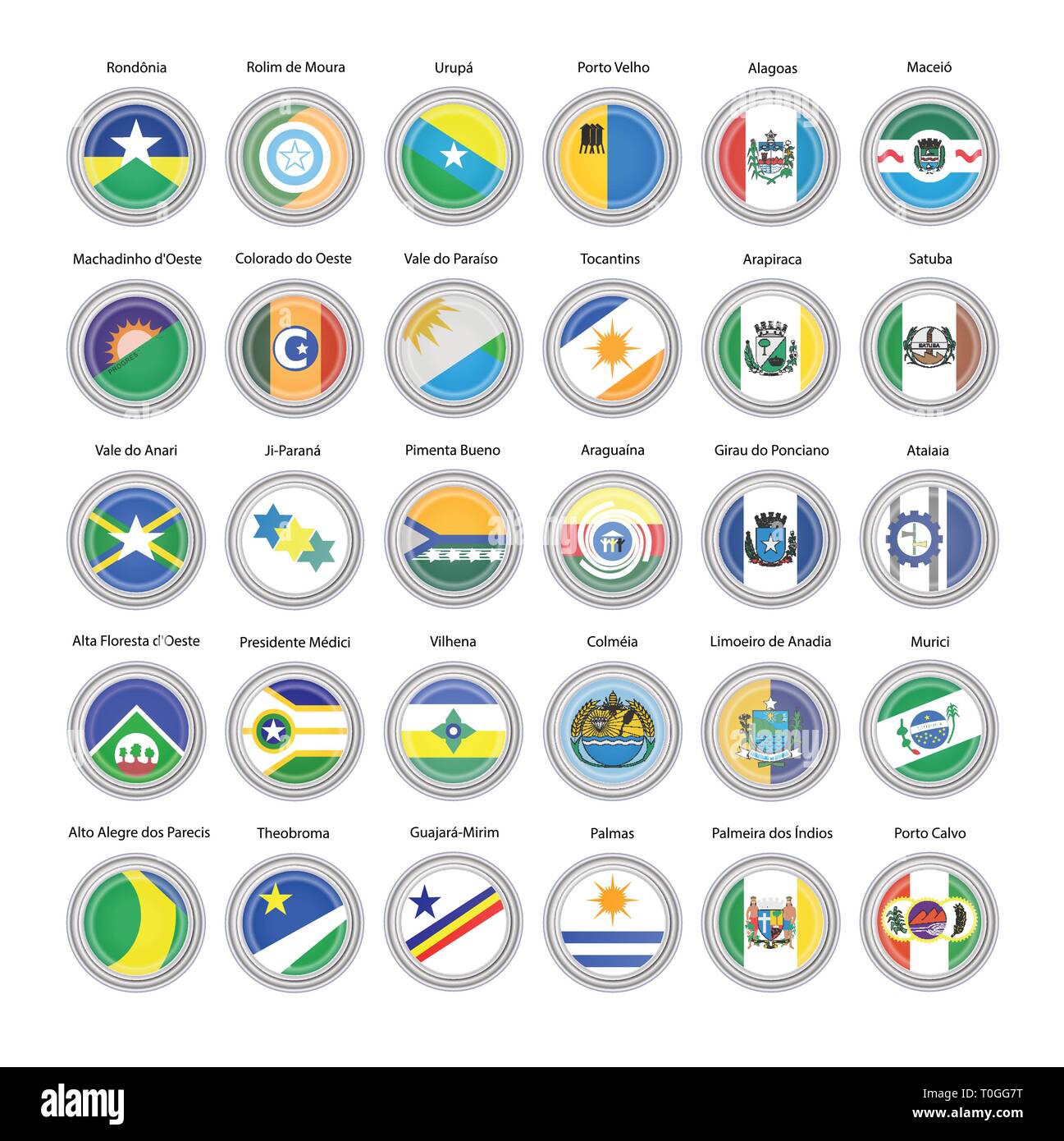 Set di icone vettoriali. Bandiere di Rondonia, Tocantins e Alagoas membri, Brasile. 3D'illustrazione. Illustrazione Vettoriale