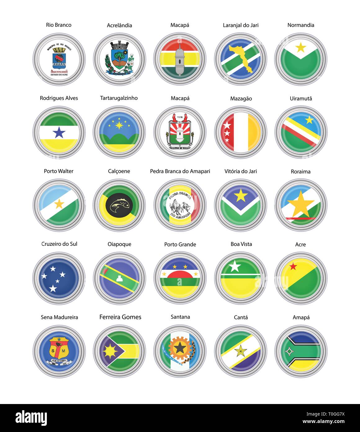 Set di icone vettoriali. Bandiere di acro, Amapa Affitto e Roraima membri, Brasile. 3D'illustrazione. Illustrazione Vettoriale