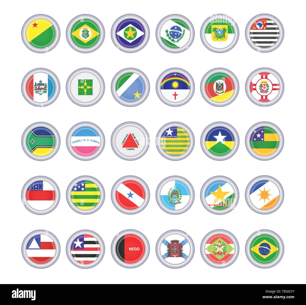 Set di icone vettoriali. Bandiere degli Stati brasiliani. 3D'illustrazione. Illustrazione Vettoriale