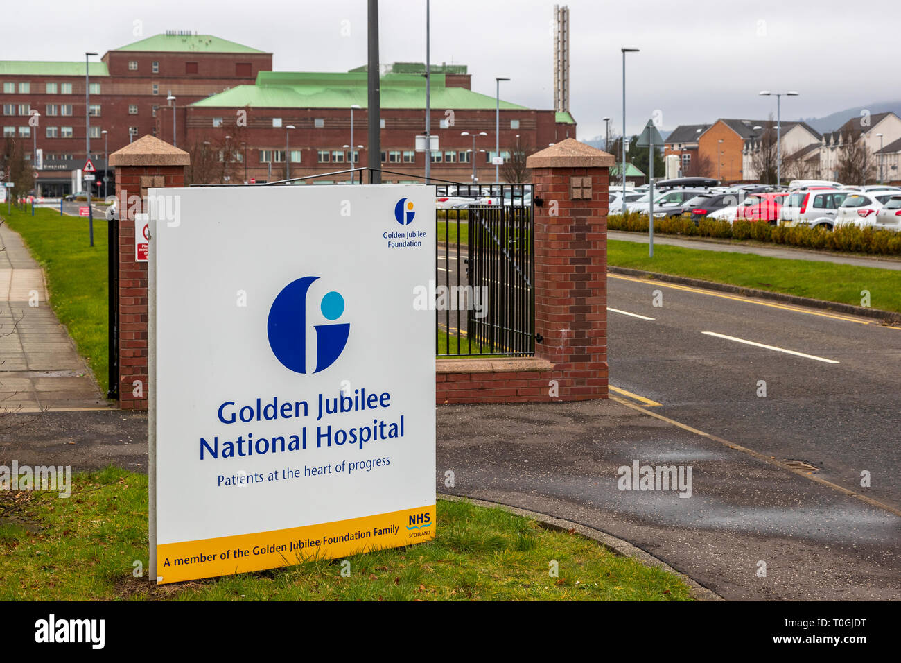 Ingresso alla Scottish NHS il Golden Jubilee National Hospital, Clydebank, Glasgow, Scotland, Regno Unito Foto Stock