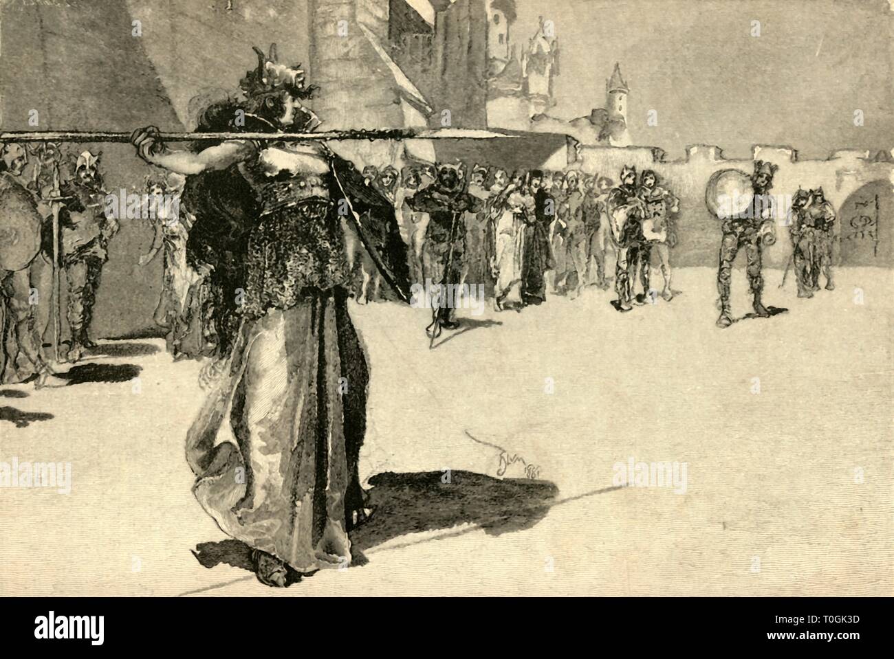 "Brunhild, Il Warrior-Queen, getta la sua lancia a Gunther protezione dell', 1882. Creatore: sconosciuto. Foto Stock
