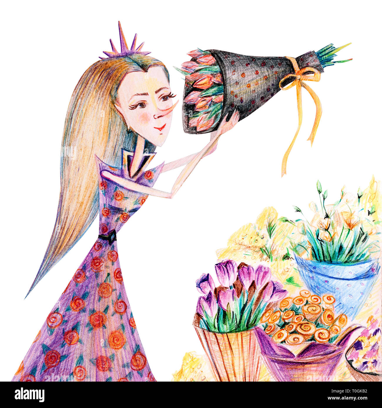 Ragazza con mazzi di fiori di tulipani, rose, eustoma e mimosa. La  principessa di fiori in un vestito viola con rose. Illustrazione con matite  colorate Foto stock - Alamy