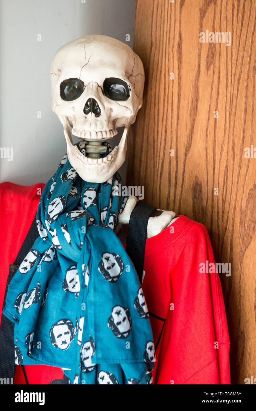 Edgar Allan Poe Museum accogliente scheletro, vestito con una sciarpa poe e  raffinatezze. Richmond, Virginia Foto stock - Alamy