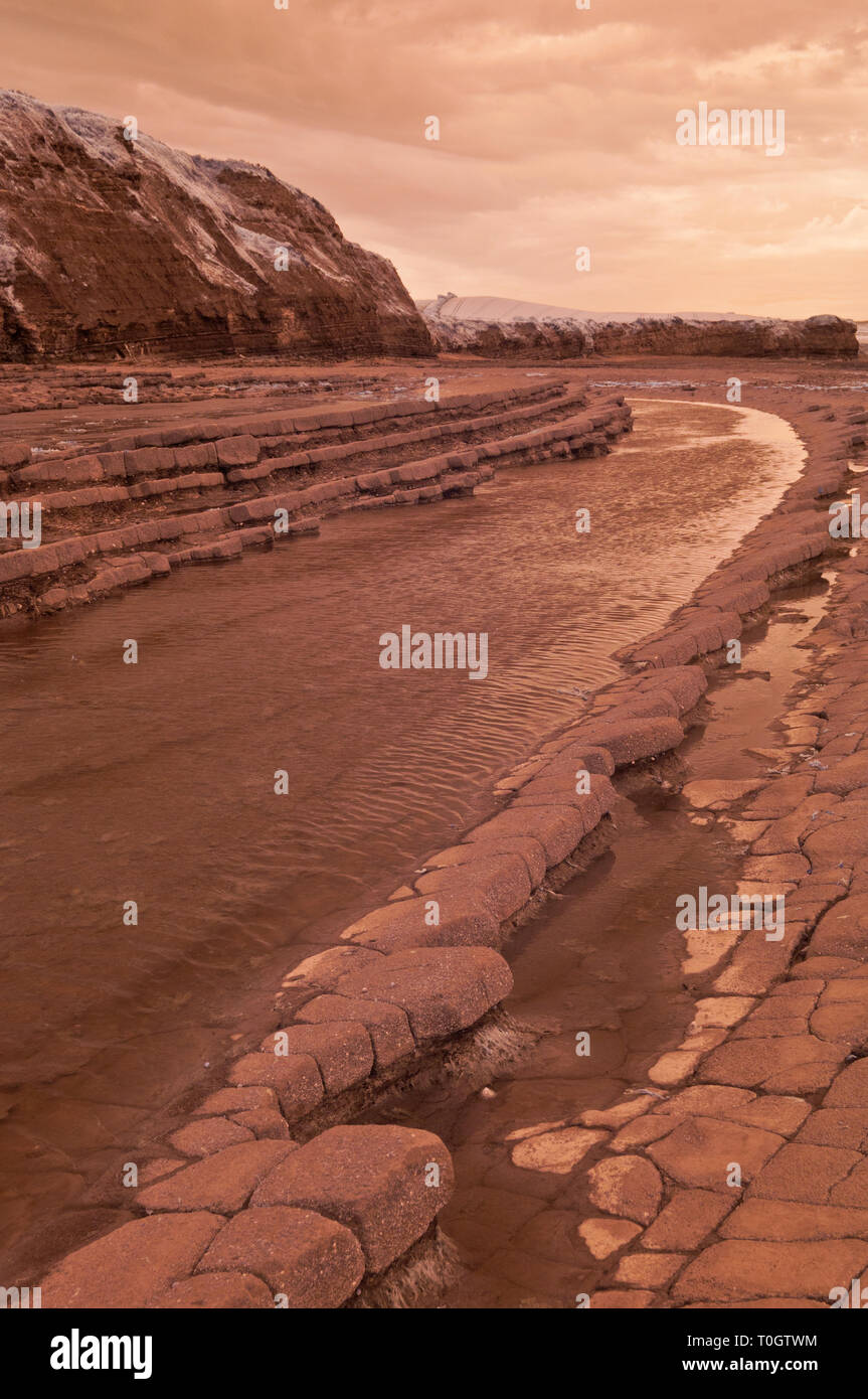 Immagini a infrarossi del esposto strati di roccia lungo la foreshore sul Canale di Bristol costa a Kilve nel Somerset REGNO UNITO a bassa marea Foto Stock