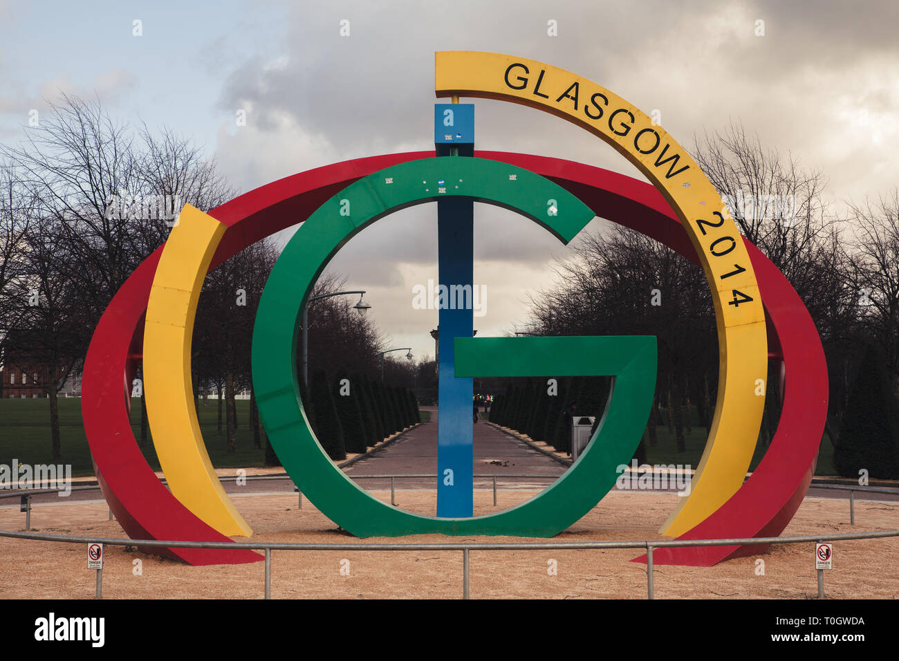 Glasgow 2014 Giochi del Commonwealth scultura in Glasgow Green. Noto come il Big G Foto Stock