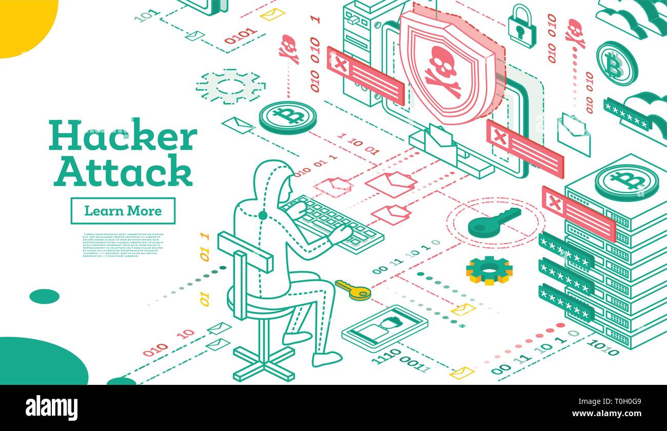 Schema attacco hacker. Vista isometrica Cyber Security concetto. Illustrazione Vettoriale. Illustrazione Vettoriale