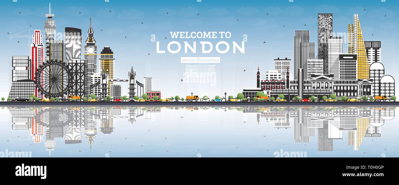 Benvenuto a Londra Inghilterra Skyline con edifici grigi, cielo blu e riflessi. Illustrazione Vettoriale. Gli affari e il turismo e concetto. Illustrazione Vettoriale