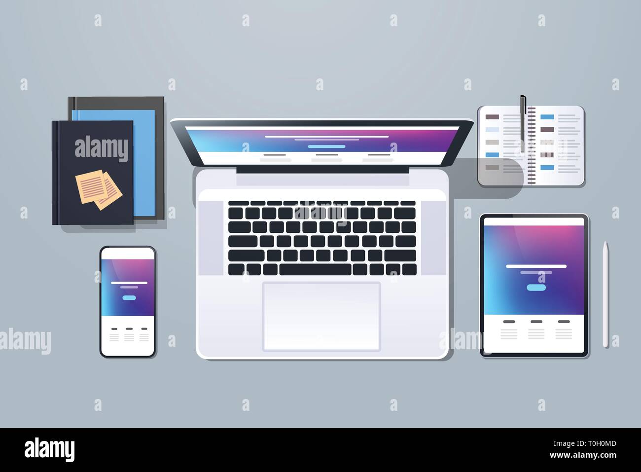 La tecnologia web un concetto di rete alto angolo di vista notebook desktop smartphone schermo tablet networking office stuff in orizzontale Illustrazione Vettoriale