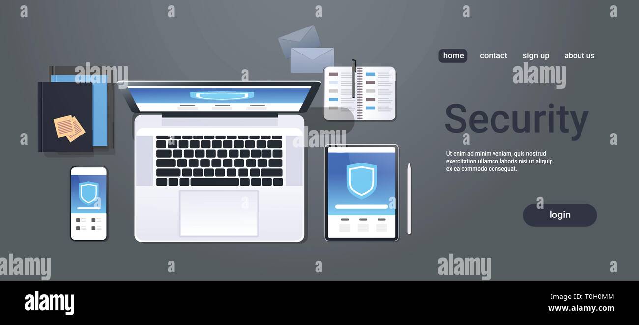 Protezione dei dati internet security shield informativa privacy il concetto di sicurezza alto angolo di vista notebook desktop tablet lo schermo dello smartphone accesso protetto Illustrazione Vettoriale