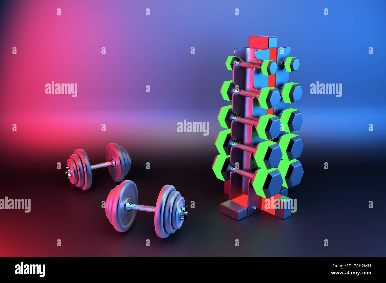 Il rendering 3D. Set di pesi isolato per lo sport su uno sfondo ripiegata su una speciale in metallo nero cavalletto. Pesi di diversa categoria di peso. Il manubrio con pesi differenti Foto Stock