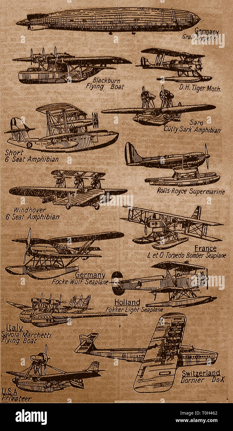 Un 1933 illustrazione dell' aeromobile del tempo provenienti da vari paesi del mondo Foto Stock