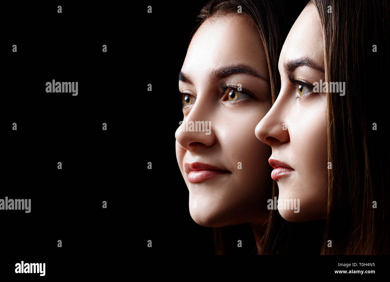 Collage di bellissimo volto femminile con pelle perfetta. Foto Stock