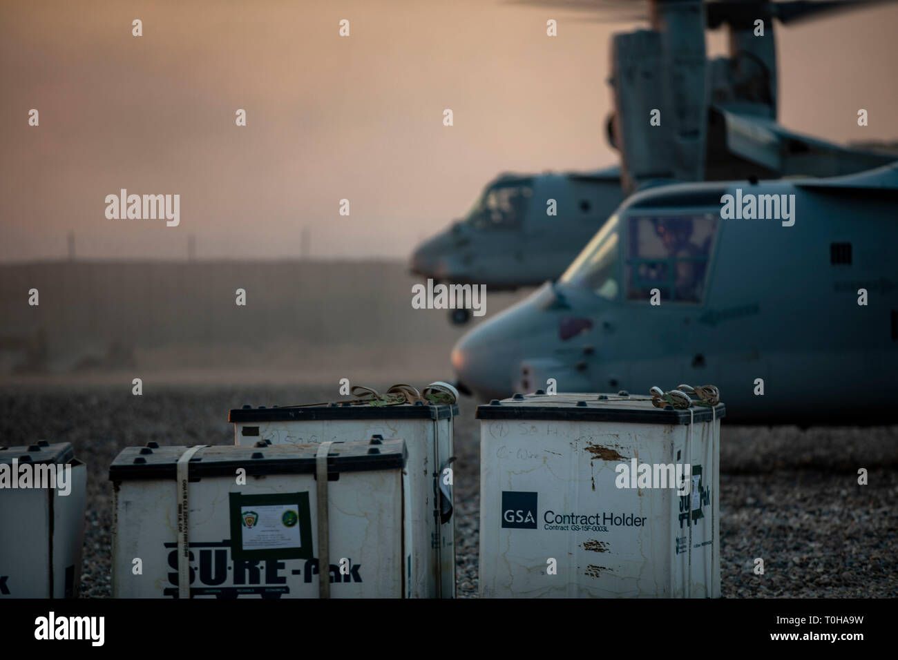 Stati Uniti Marines con Marine mezzo squadrone Tiltrotor 165 utilizzare MV-22B Asprì alla marcia di trasferimento da marines con armi Company, 3° Battaglione, 4 Marines, attaccato a scopo speciale Air-Ground Marine Task Force Response-Central crisi comando, nel sud-ovest Asia, 10 marzo 2019. SPMAGTF-CR-CC è specificamente progettato per essere in grado di dispiegare aviation, massa e forze di logistica in avanti con un preavviso di pochi istanti. Regno gli sforzi internazionali contro Daesh impedirà la sua capacità di assumere, treno, equipaggiare, finanza, piano, ispirare e condurre estremista violento atti, a livello regionale e a livello globale. (U.S. Ma Foto Stock