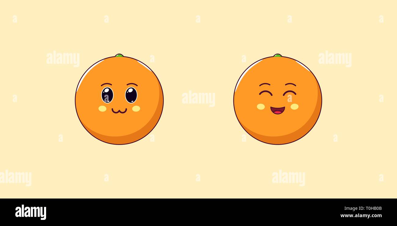 Carino Kawaii arancione, Cartoon agrumi. Illustrazione Vettoriale di Ripe Cartoon arancione con affascinante e faccia allegra e divertente gli Emoji. Succosa Stic tropicale Illustrazione Vettoriale