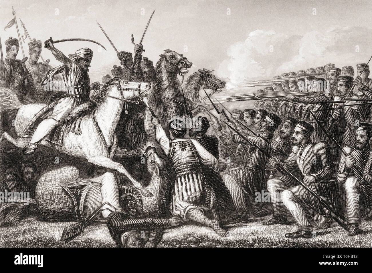 Cavalleria mutineer che attacca una piazza di fanteria, Battaglia di Cawnpore, India, Asia, 1857, Vecchio dipinto d'epoca del 1800, mutinismo indiano, Sepoy mutiny, ribellione indiana Foto Stock