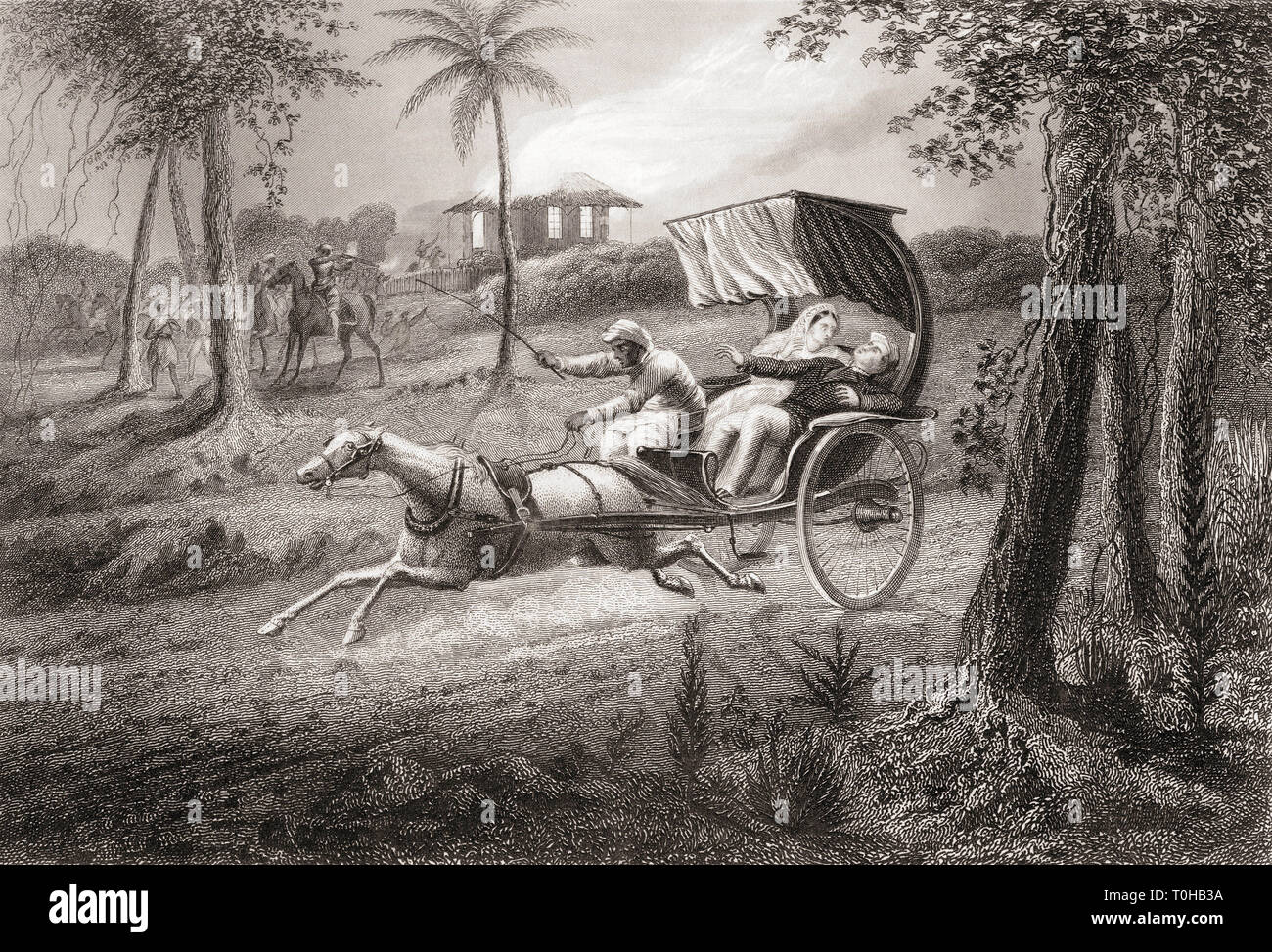 Dr Graham girato nel suo buggy da Sealkote rivoltosi, India, Asia, 1857 Foto Stock