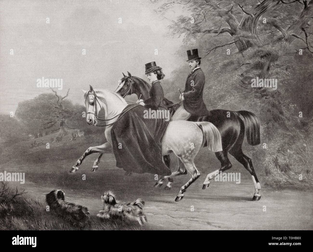 Albert Edward e Alexandra di Danimarca a cavallo, Inghilterra, Regno Unito, Regno Unito, vecchio dipinto d'epoca del 1800 Foto Stock