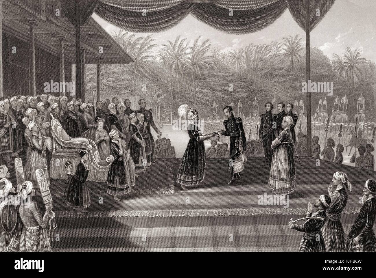 Accoglienza del generale Outram e dello staff vecchia arte d'epoca anni '1800 dell'india tenente generale Sir James Outram Foto Stock